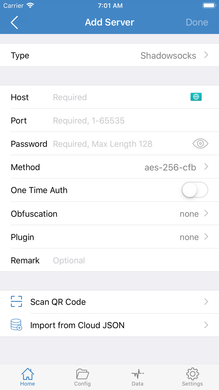Shadowrocket 官方 Add Server 页面，显示 Type、Host、Port、Password、Method 及 Scan QR Code 等入口