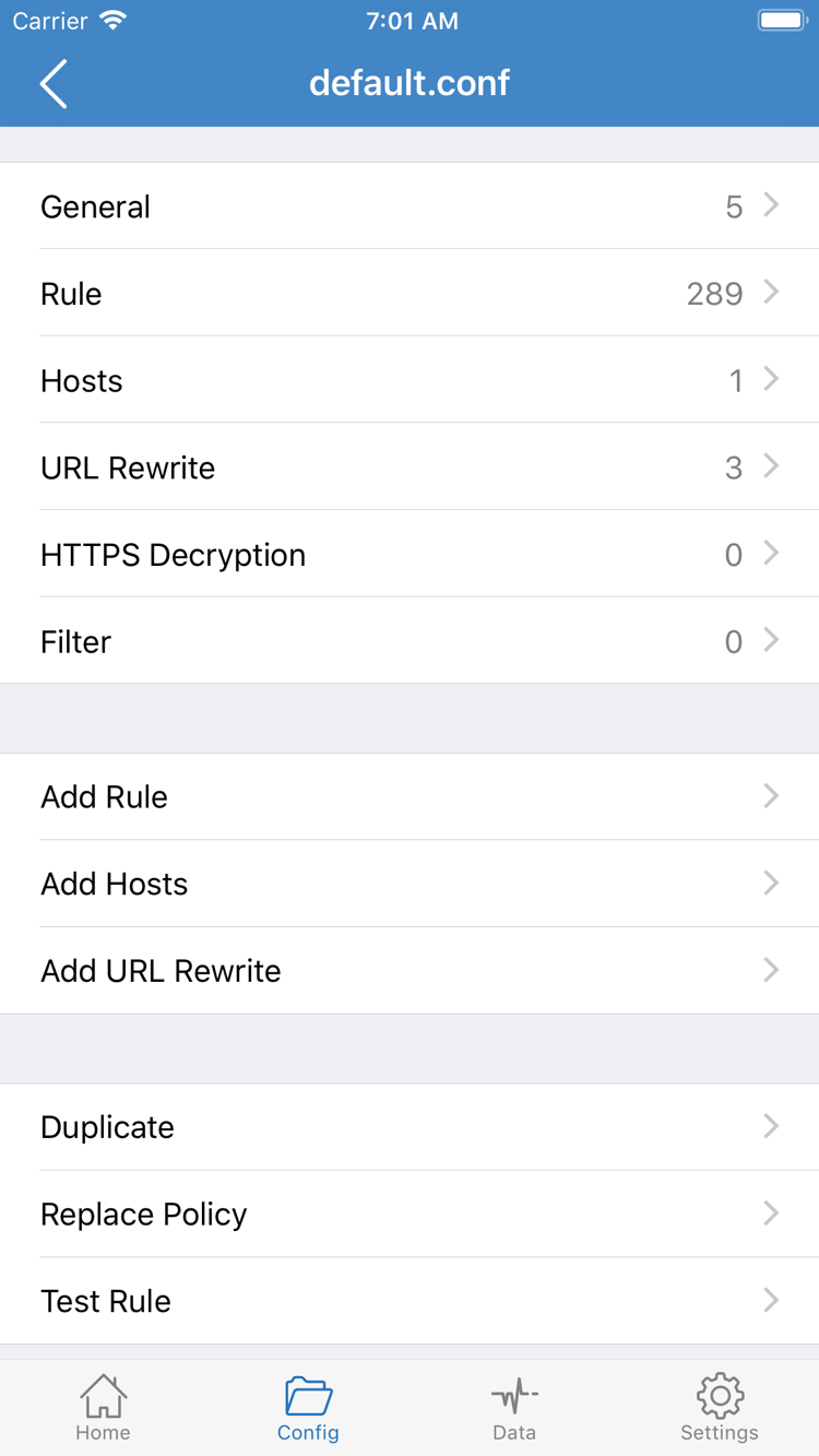 Shadowrocket 官方 Config 配置编辑页面，显示 General、Rule、Hosts、URL Rewrite、HTTPS Decryption 与 Add Rule