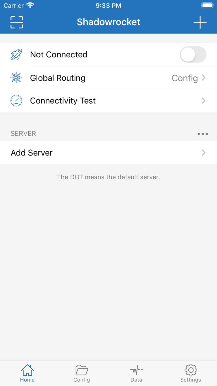 Shadowrocket 官方 Home 页面，显示 Not Connected、Global Routing、Connectivity Test、SERVER 分组及 Add Server